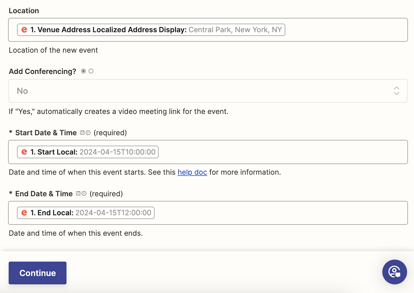 Fields in the Zap editor for the start and end date and time of an event.