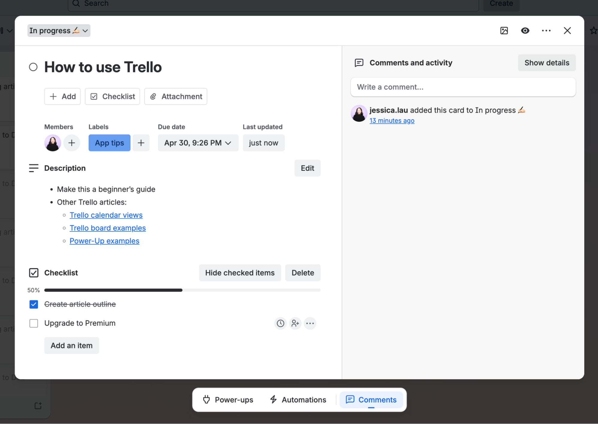 Open view of a Trello card.