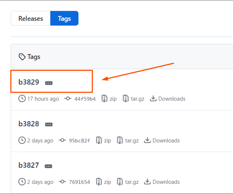 Screenshot of a list of releases in the tags tab, with a box around and arrow pointing to a zip file