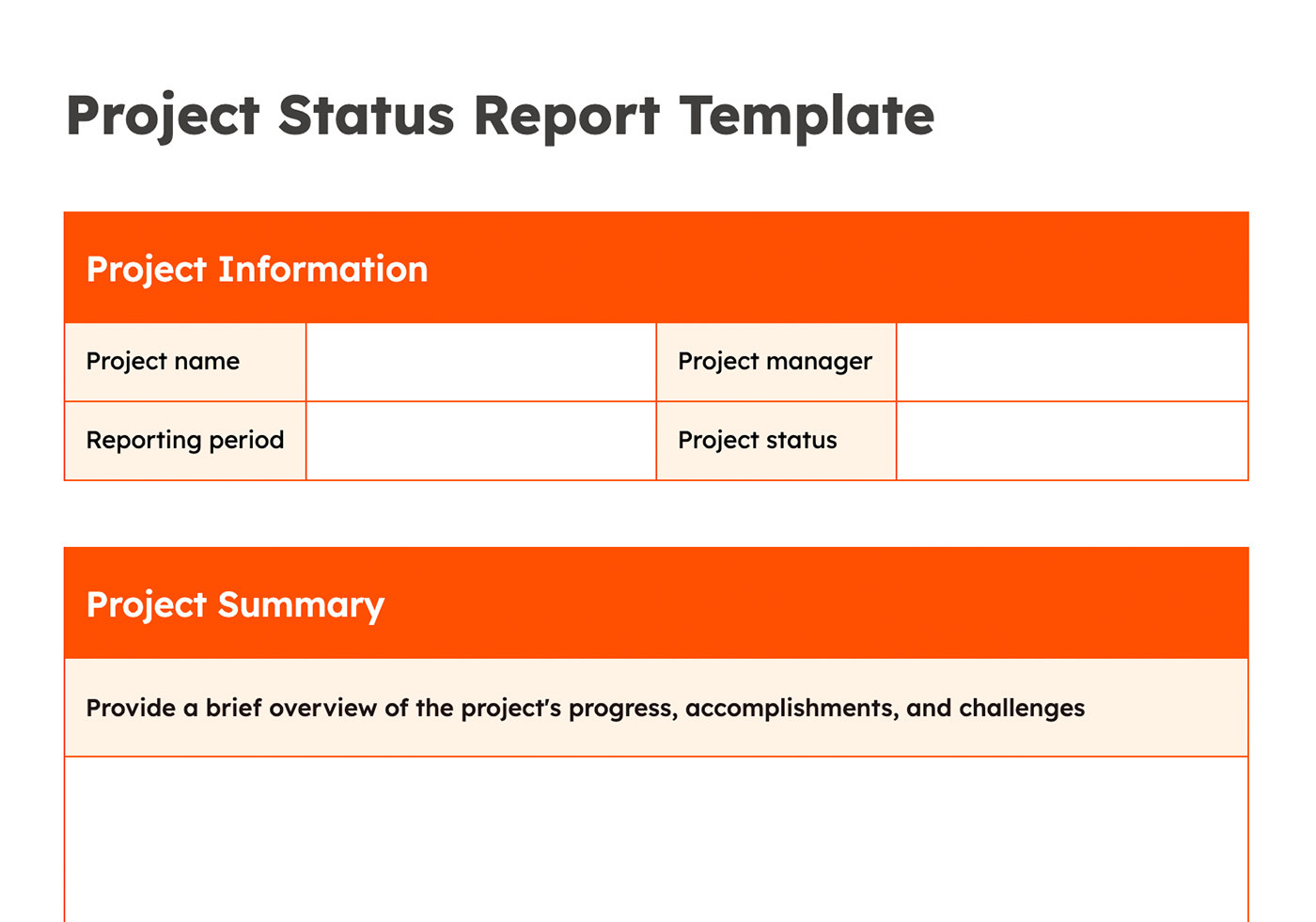 Screenshot of a project status report template