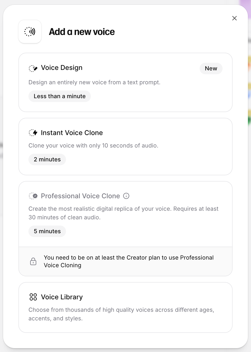 The voice clone options in ElevenLabs