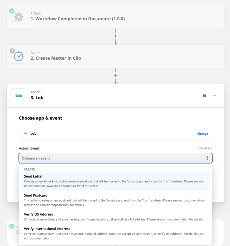 A screenshot of the Zapier editor showing a Documate step, a Clio step, and the detail of a Lob step showing the ability to select an action to send a letter, send a postcard, or verify US or international addresses.