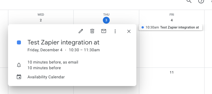 A Google Calendar event that reads "Test Zapier integration"