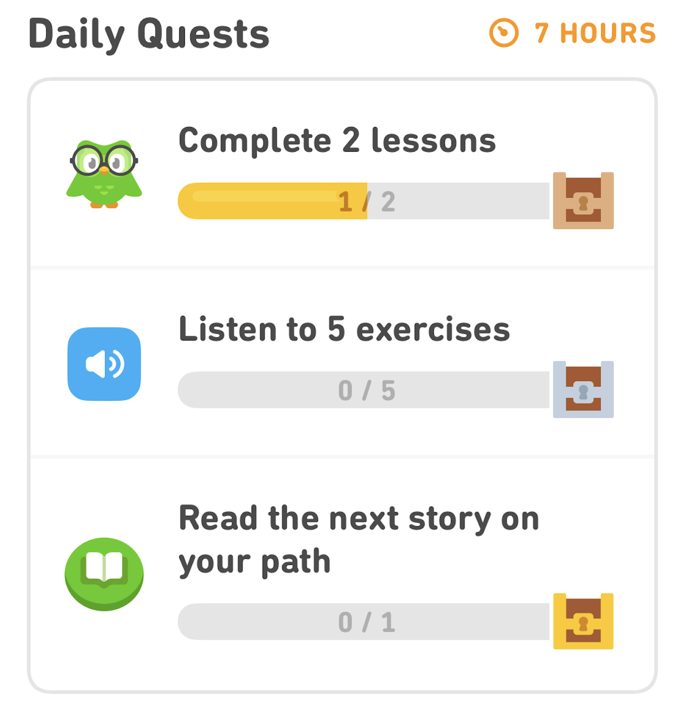 List of daily quests from Duolingo. 