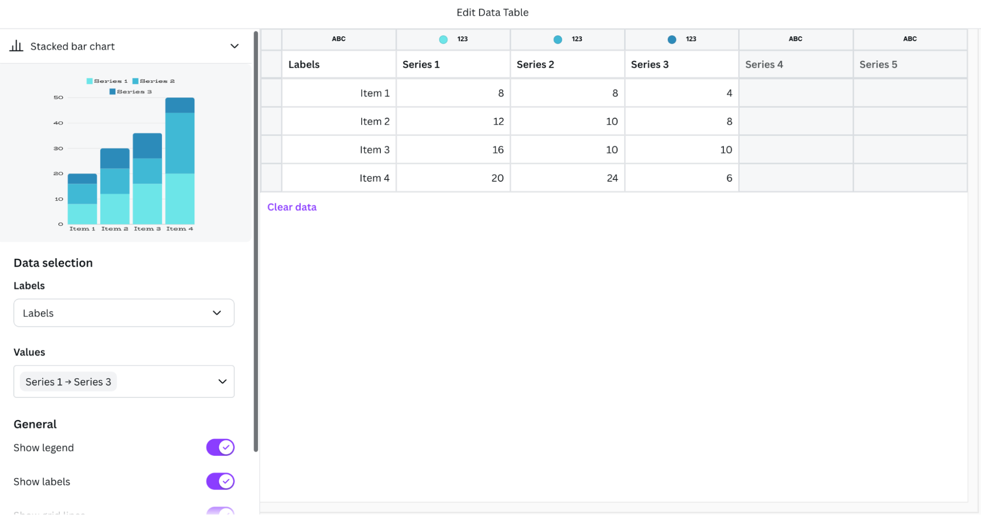 Expanded view of a data table in Canva. 