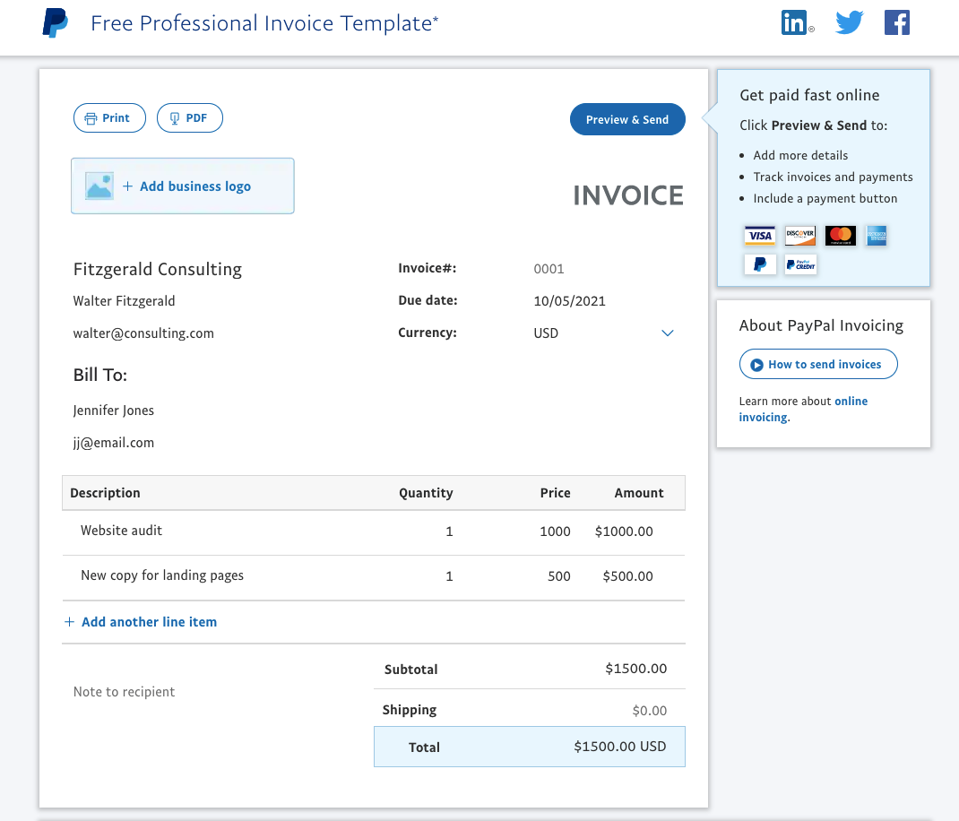 A screenshot of the PayPal invoice builder, our pick for the best invoicing software for invoicing clients who have PayPal accounts