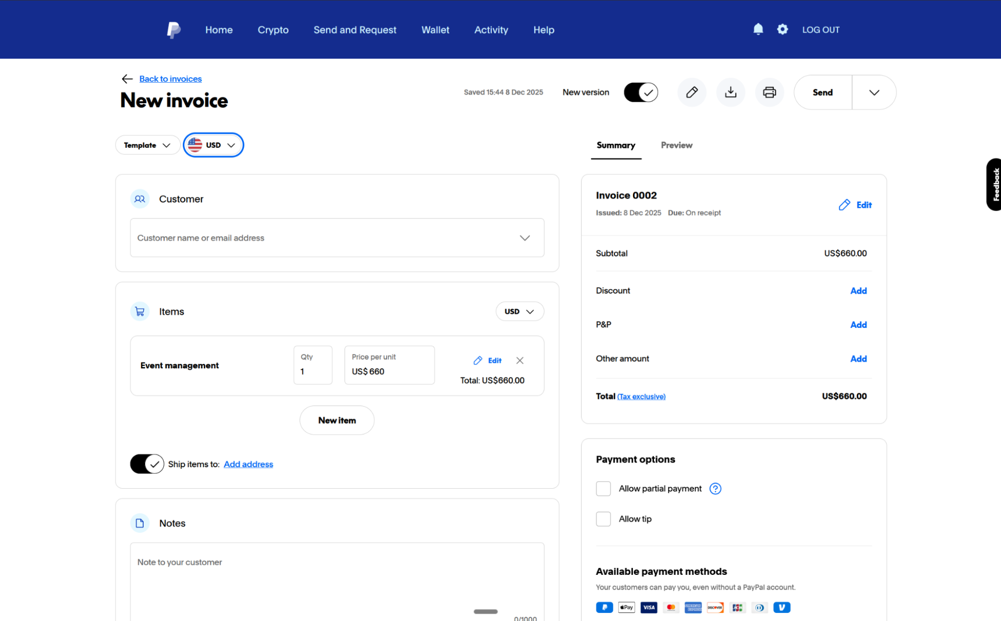 PayPal invoice builder, our pick for the best invoicing software for brand recognition