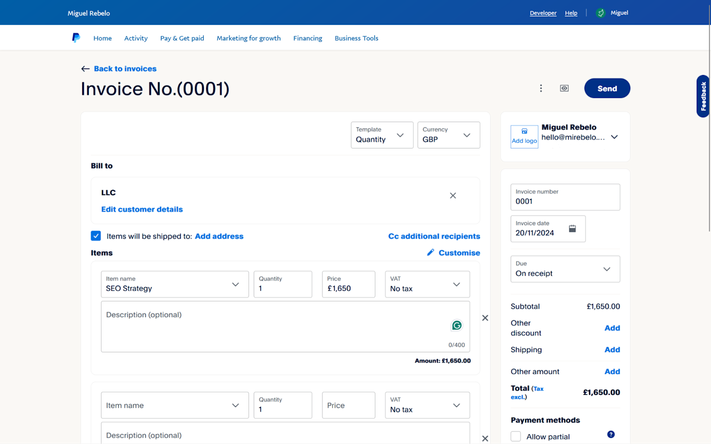 PayPal invoice builder, our pick for the best invoicing software for brand recognition