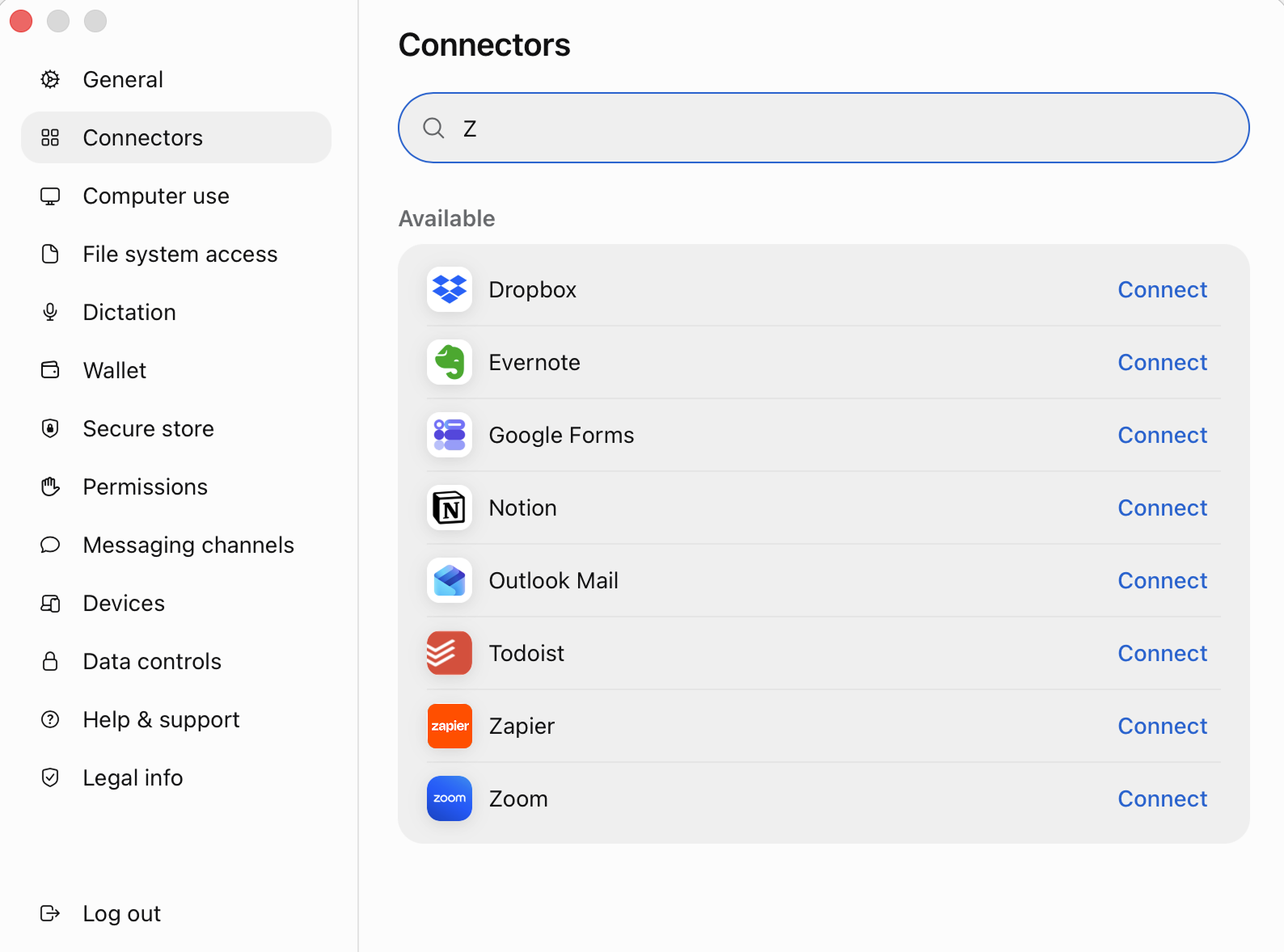 A dropdown list of connectors (including Zapier) in Meta Muse