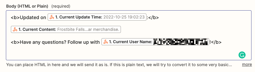 The body text of an email is shown with data mapped from the previous webhooks step.