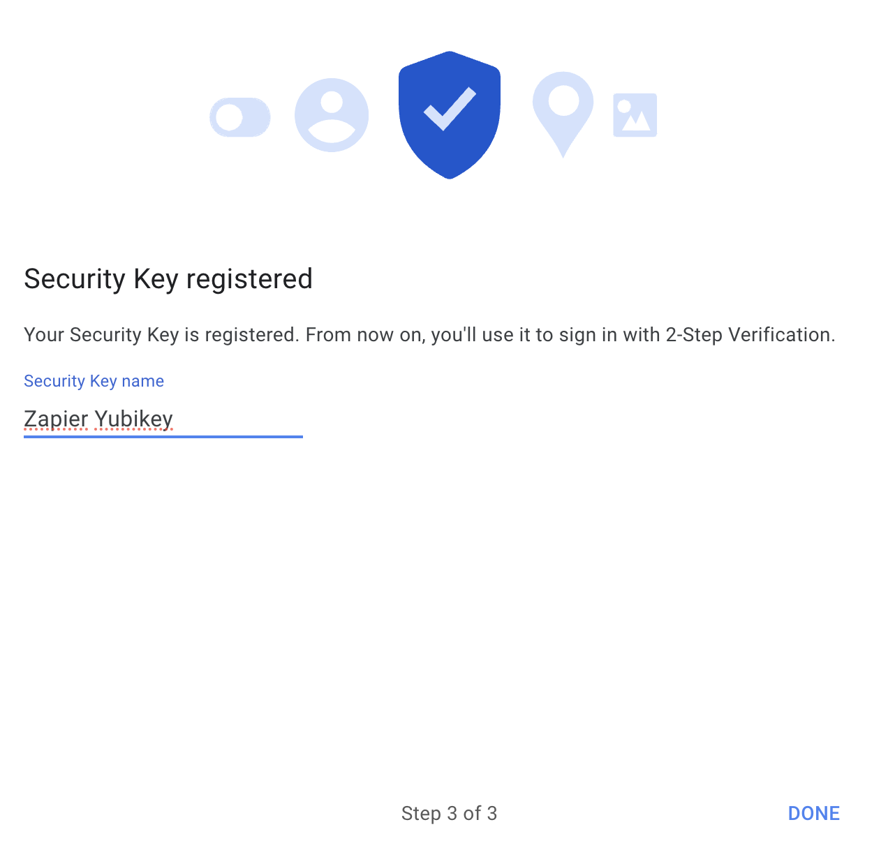 Bestätigung von Google, dass der YubiKey registriert ist.