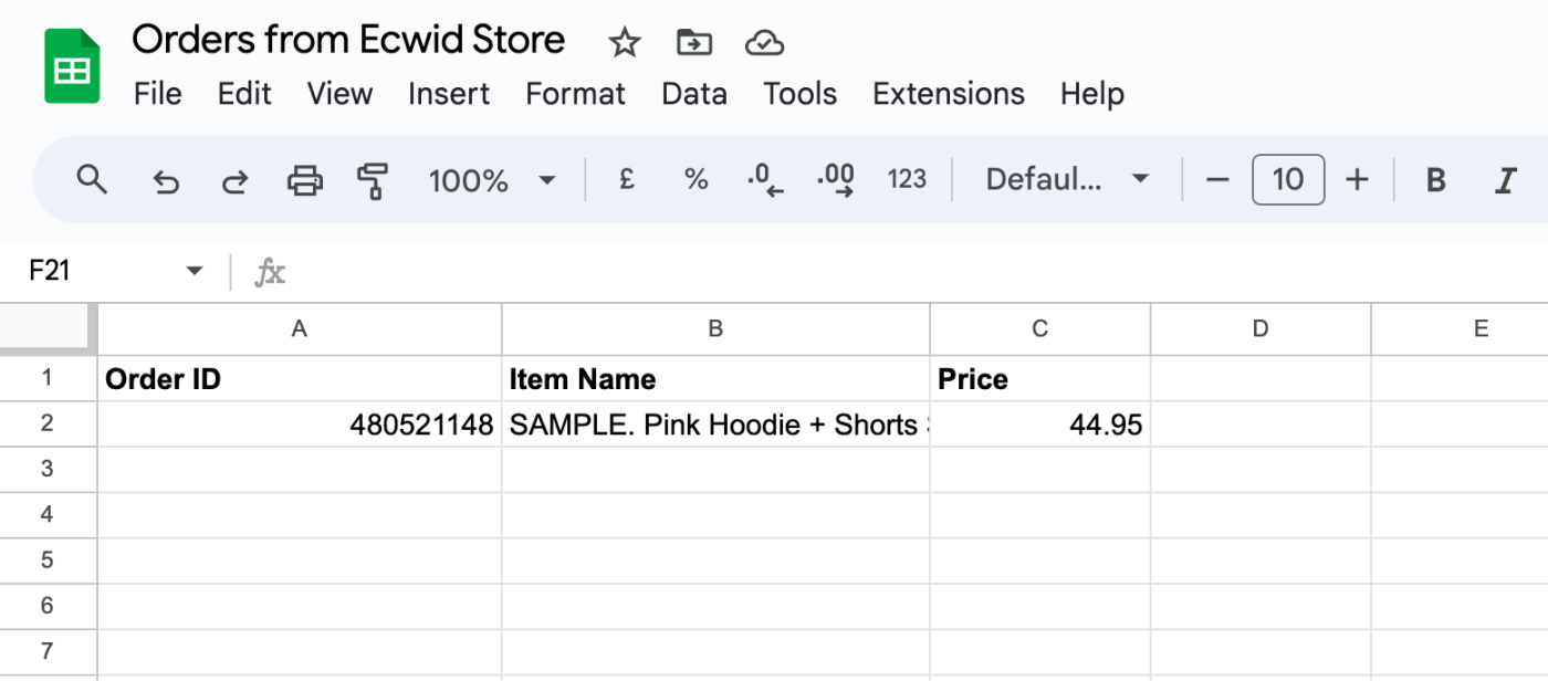 A Google Sheets spreadsheet with details from a Ecwid order added to it.