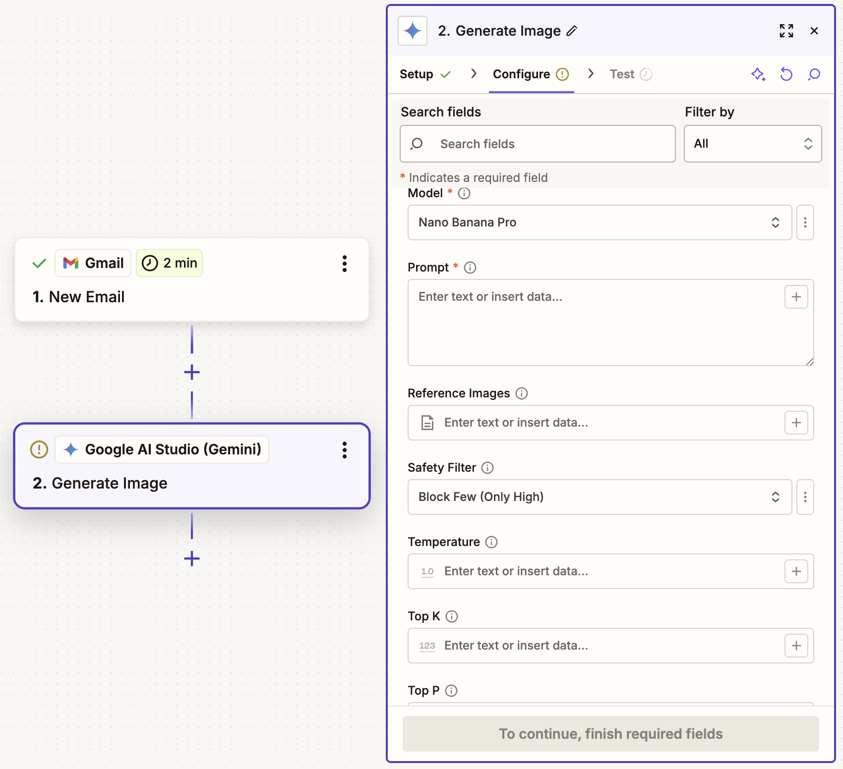 The configuration tab inside a Google AI Studio (Gemini) action step to generate an image