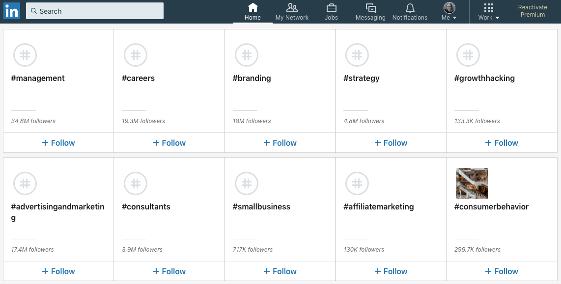 LinkedIn followable hashtag list