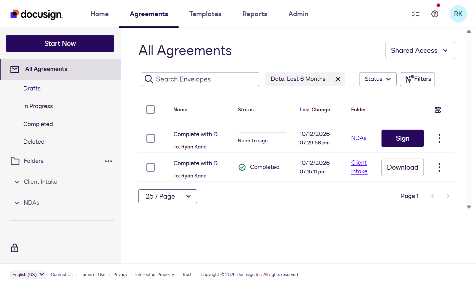 The Agreements section of Docusign