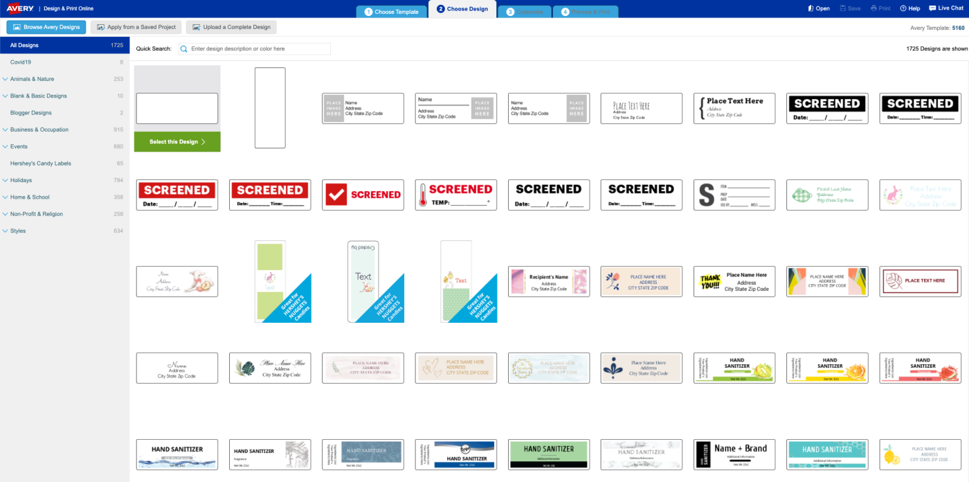 A screenshot showing many different styles of labels you're able to print using Avery's tool.