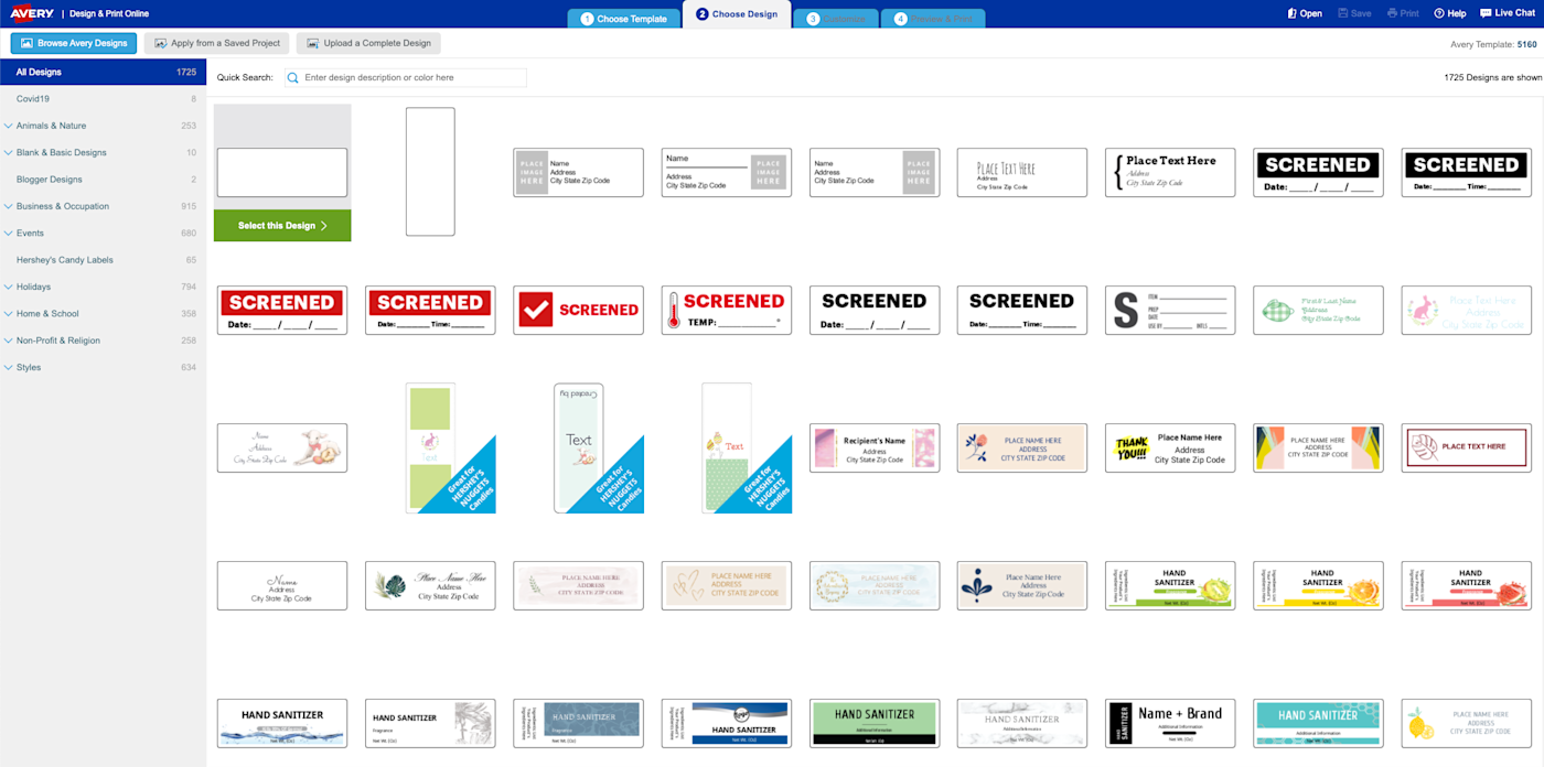 A screenshot showing many different styles of labels you're able to print using Avery's tool.