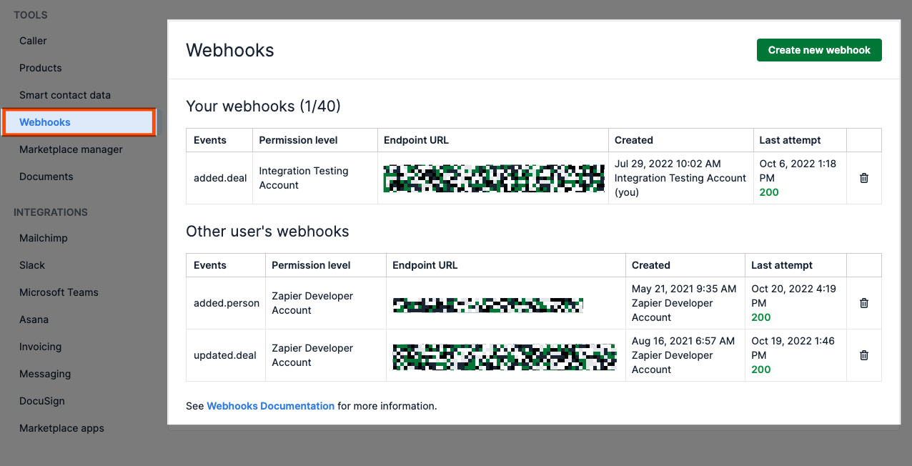 The Webhooks menu in the Pipedrive app, which shows a list of available webhooks.