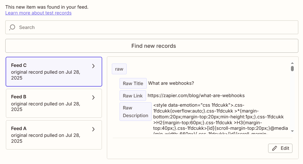 A set of sample data for the Zapier blog RSS feed.