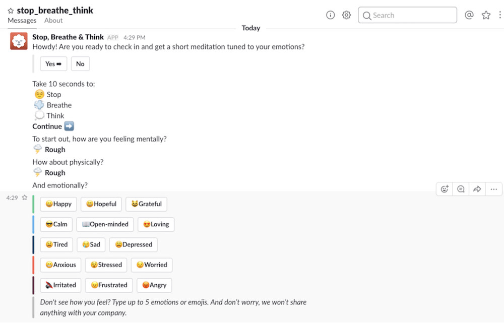 Stop, Breathe & Think Slack app screenshot