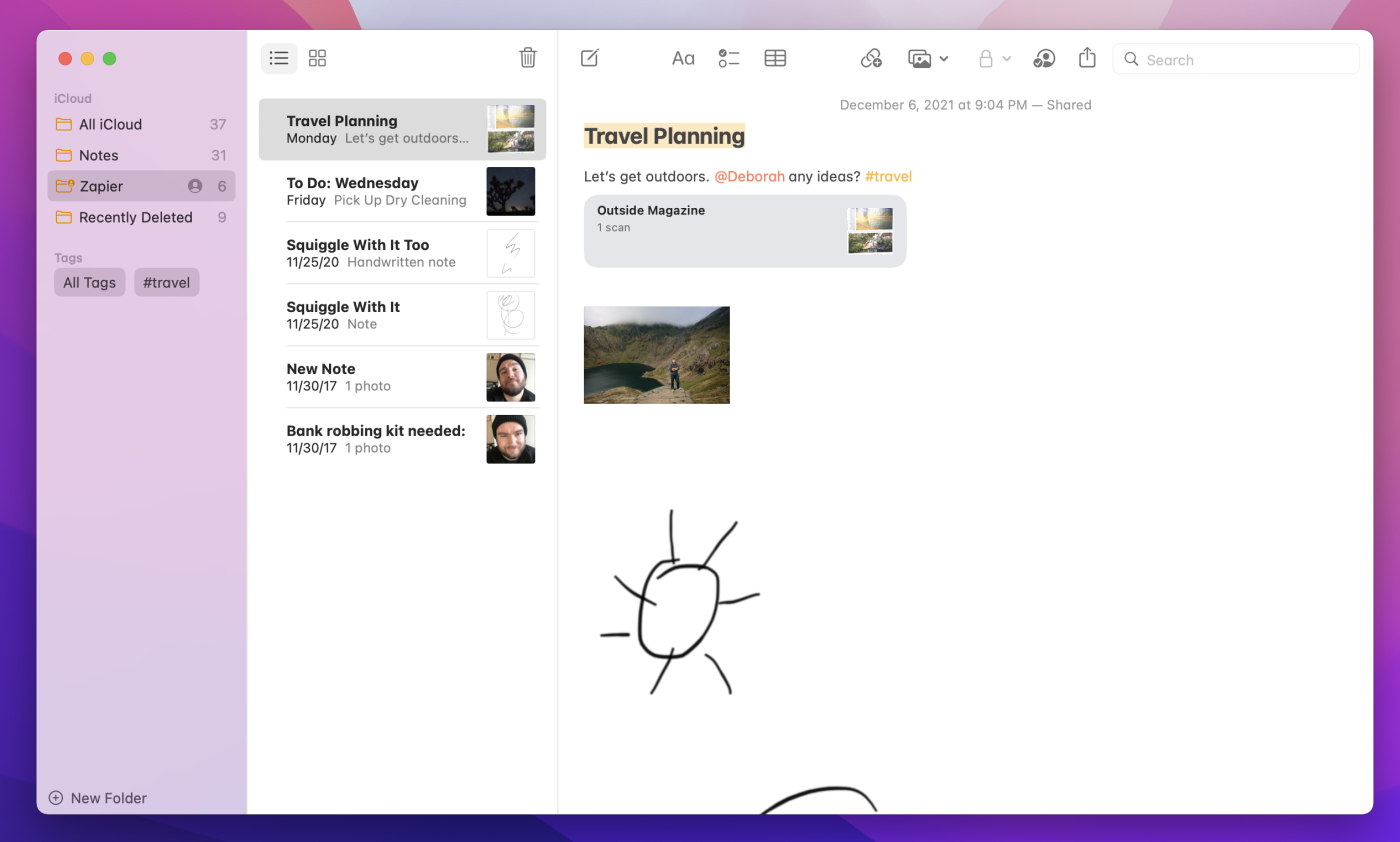 The interface for Apple Notes, our pick for the best note-taking app for Apple users