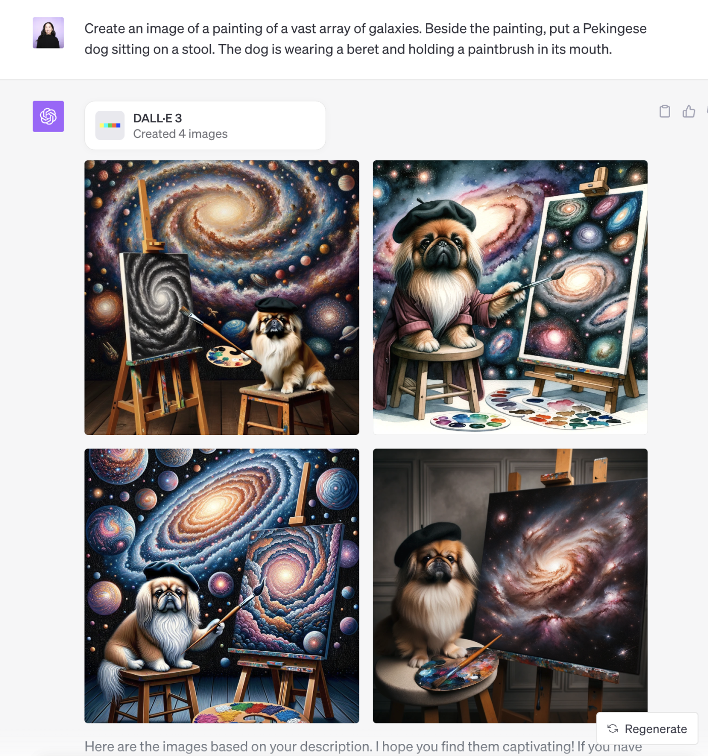 ChatGPT conversation with four AI-generated images of a Pekingese dog wearing a beret, sitting on a stool beside a painting of galaxies.