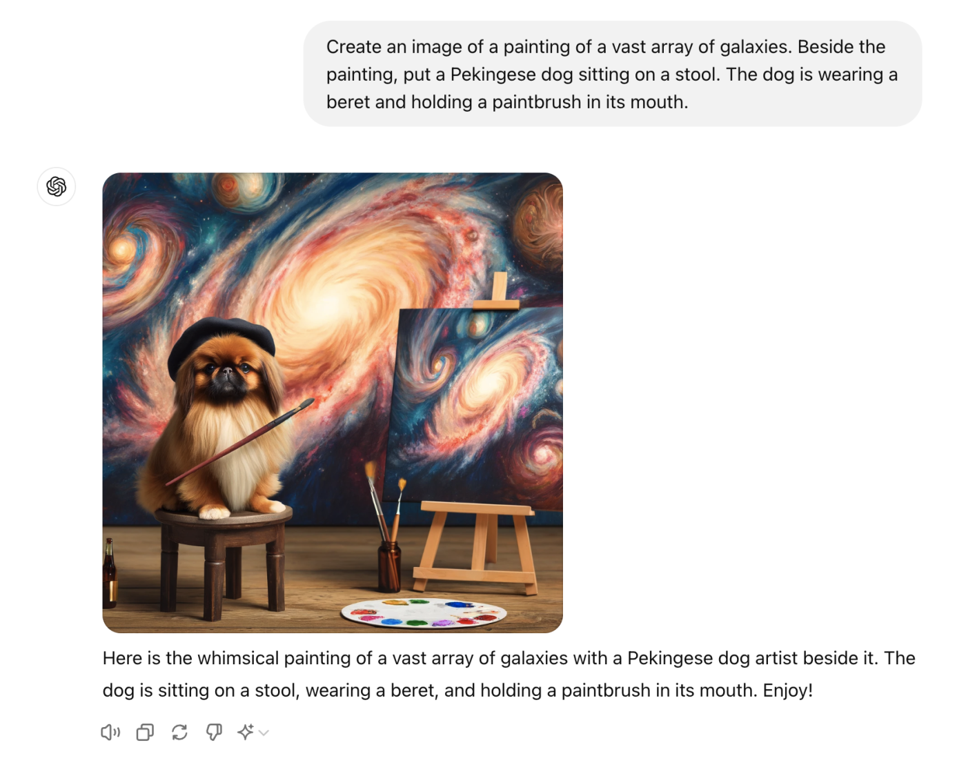 ChatGPT conversation with an AI-generated image of a Pekingese dog wearing a beret, sitting on a stool beside a painting of galaxies.