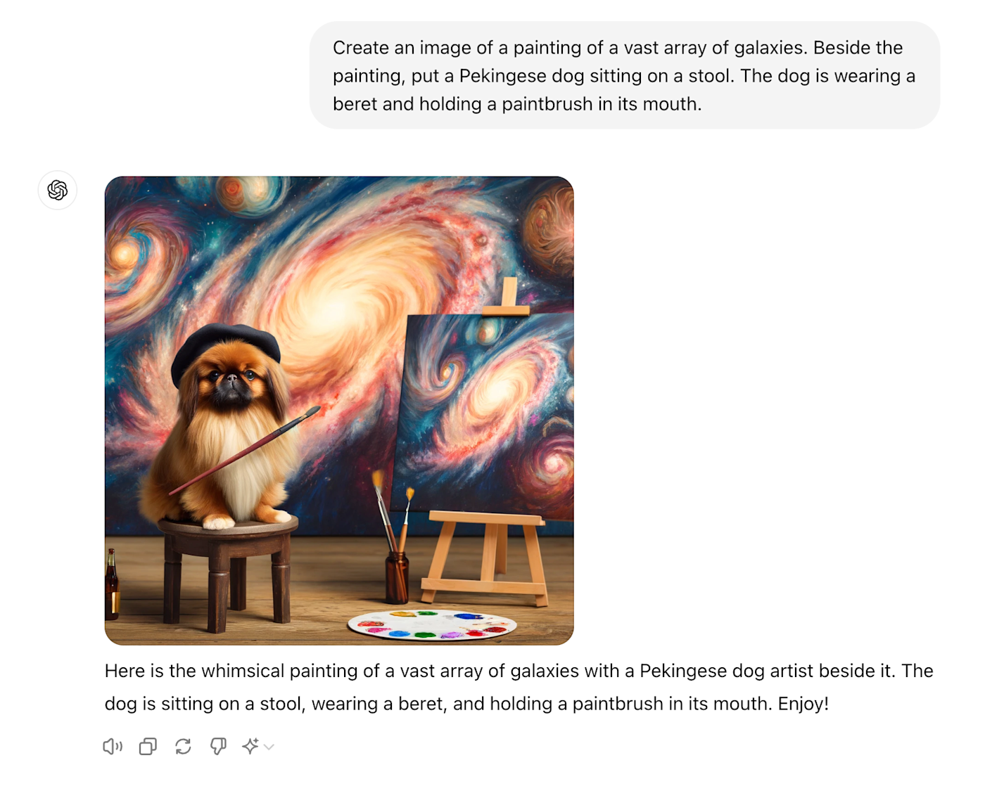 ChatGPT conversation with an AI-generated image of a Pekingese dog wearing a beret, sitting on a stool beside a painting of galaxies.