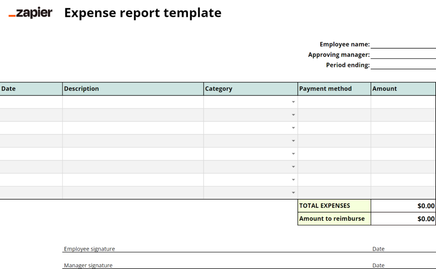 Screenshot of Zapier’s expense report Google Sheets template