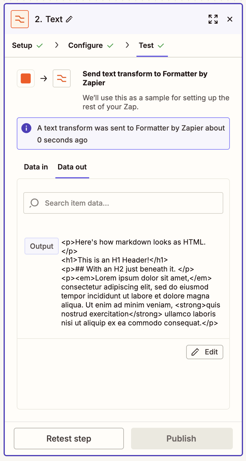 A screenshot of a window in the Zap editor that shows the output of a tested Convert Markdown to HTML Formatter step. 