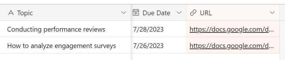 An Airtable board with Google Doc URLs added to the URL field.