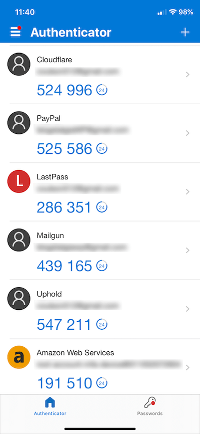 A screenshot of an authenticator app