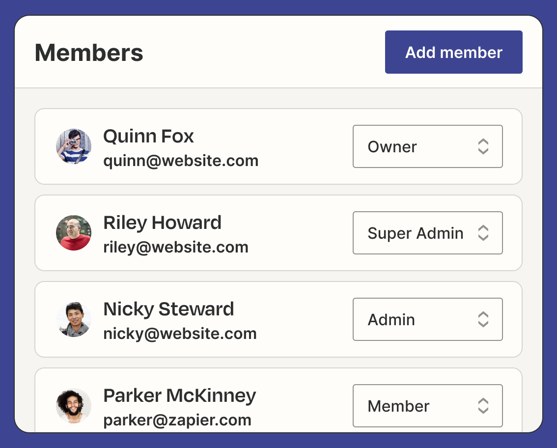 A list of members in a Zapier account with varied account roles: Owner, Super Admin, Admin, and Member.