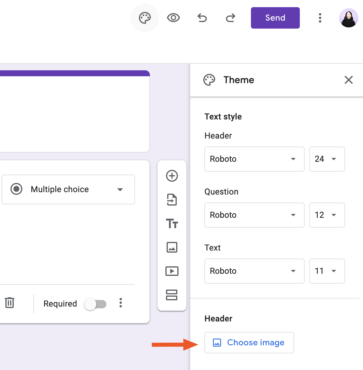 Theme pane in Google Forms with an arrow pointing to "Choose image."