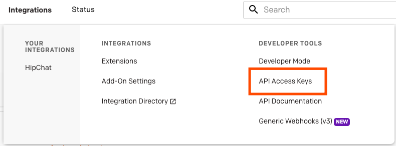 A red box highlights the "API Access Keys" menu item in PagerDuty.