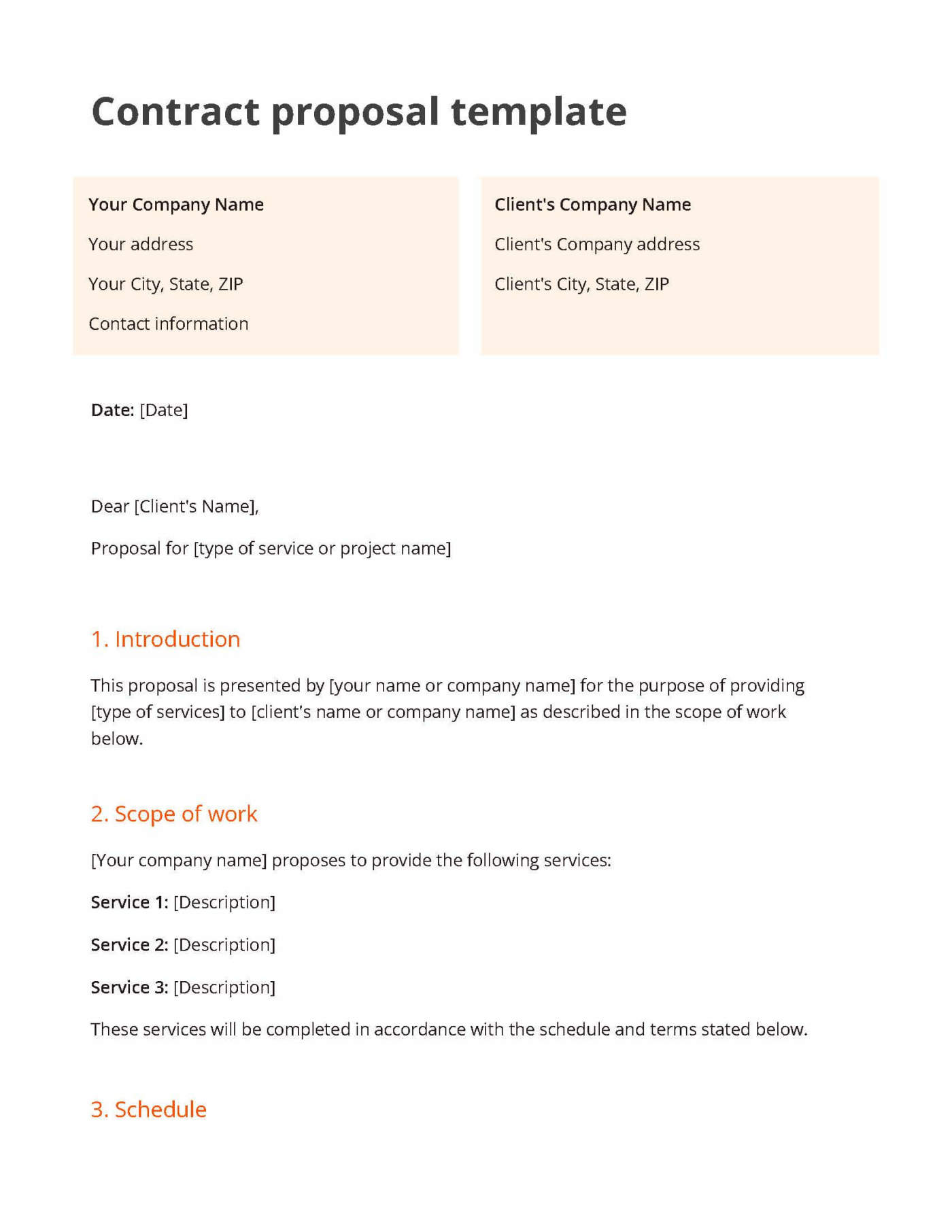 White and orange contract proposal template including a section for the introduction, scope of work and schedule