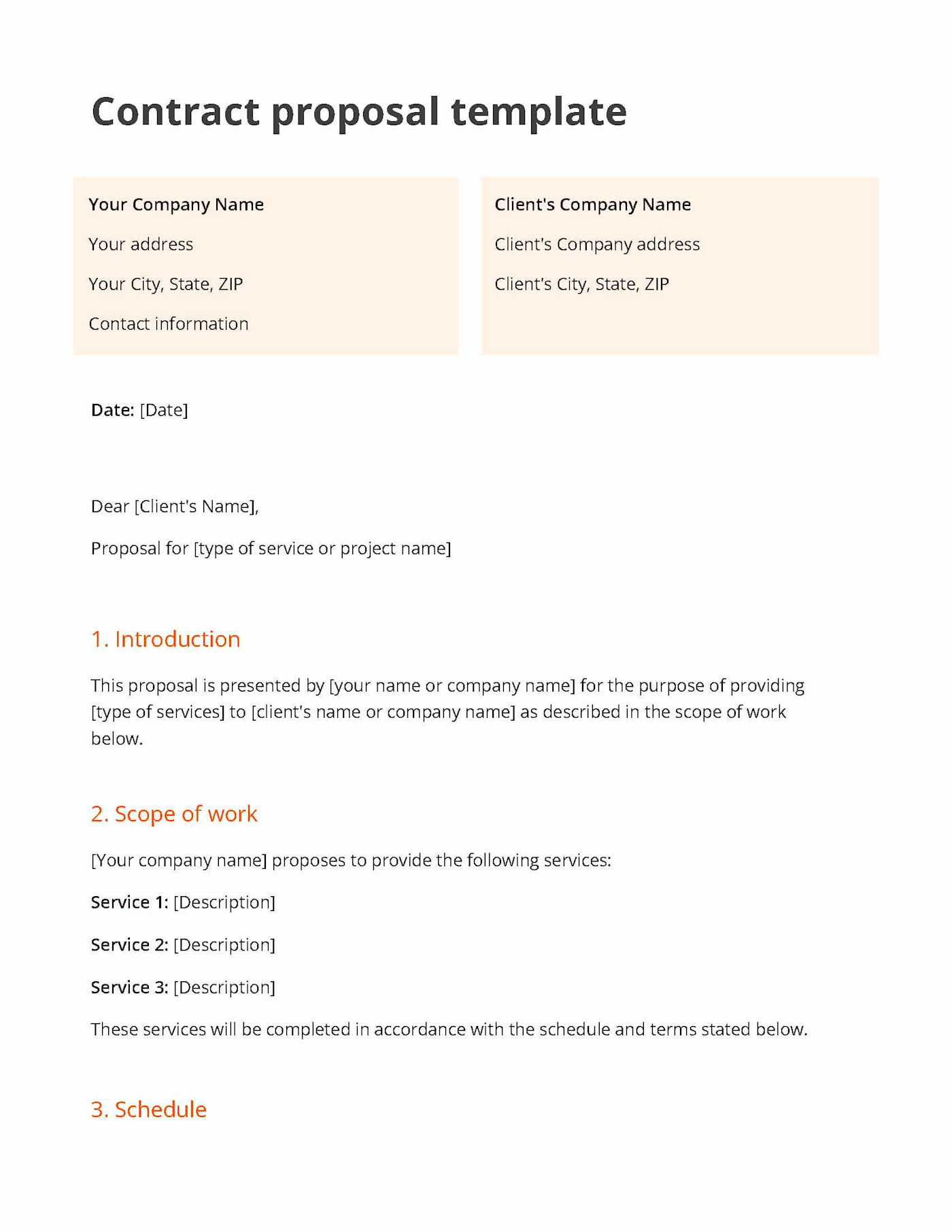 White and orange contract proposal template including a section for the introduction, scope of work and schedule