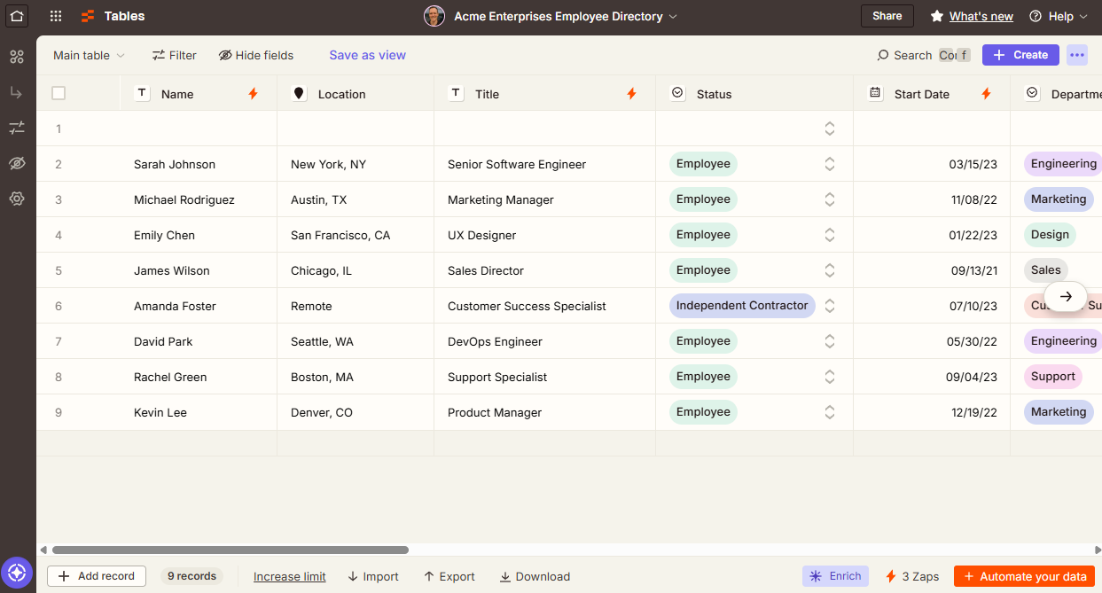 A screenshot of Zapier Tables