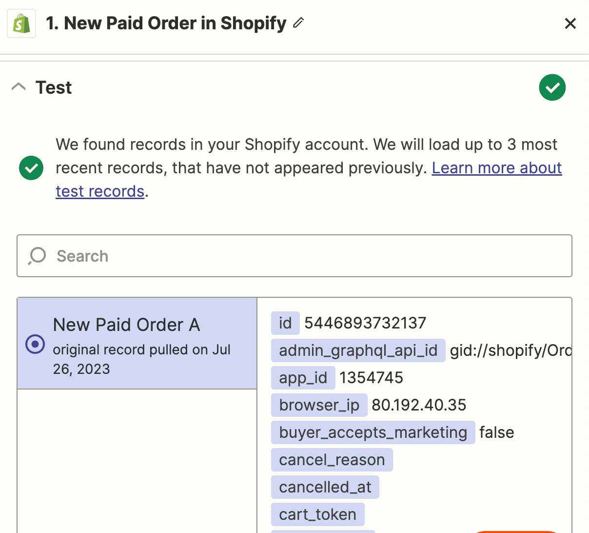 Screenshot of Shopify test
