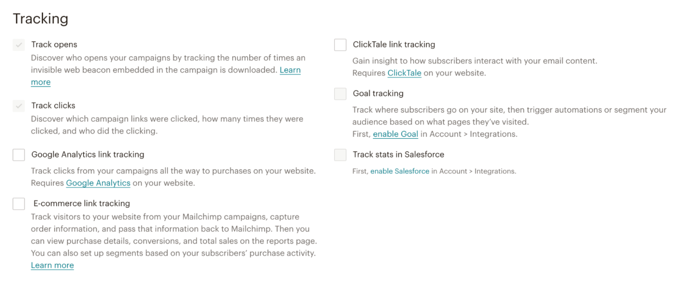 Tracking options for an A/B test in Mailchimp
