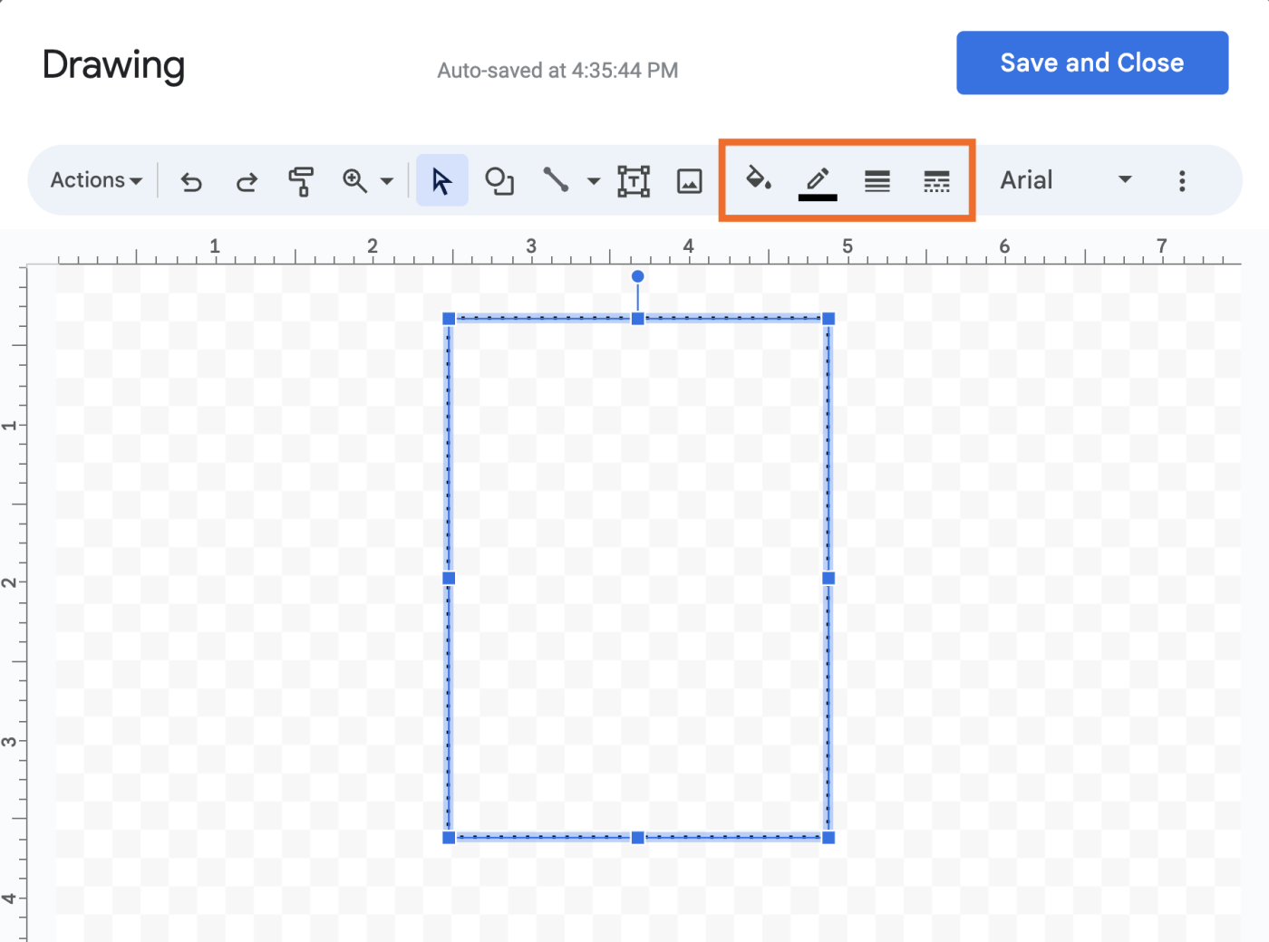 Shape tool formatting options in the drawing toolbar.