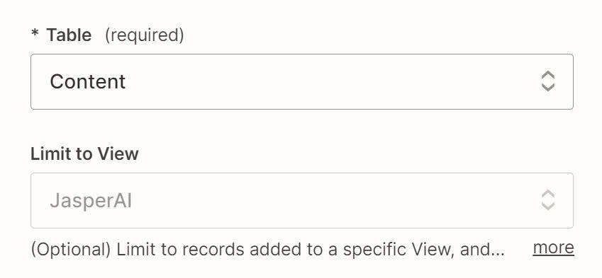 In the Zap editor, the Table and Limit to View fields have been filled out with details from the Airtable base.