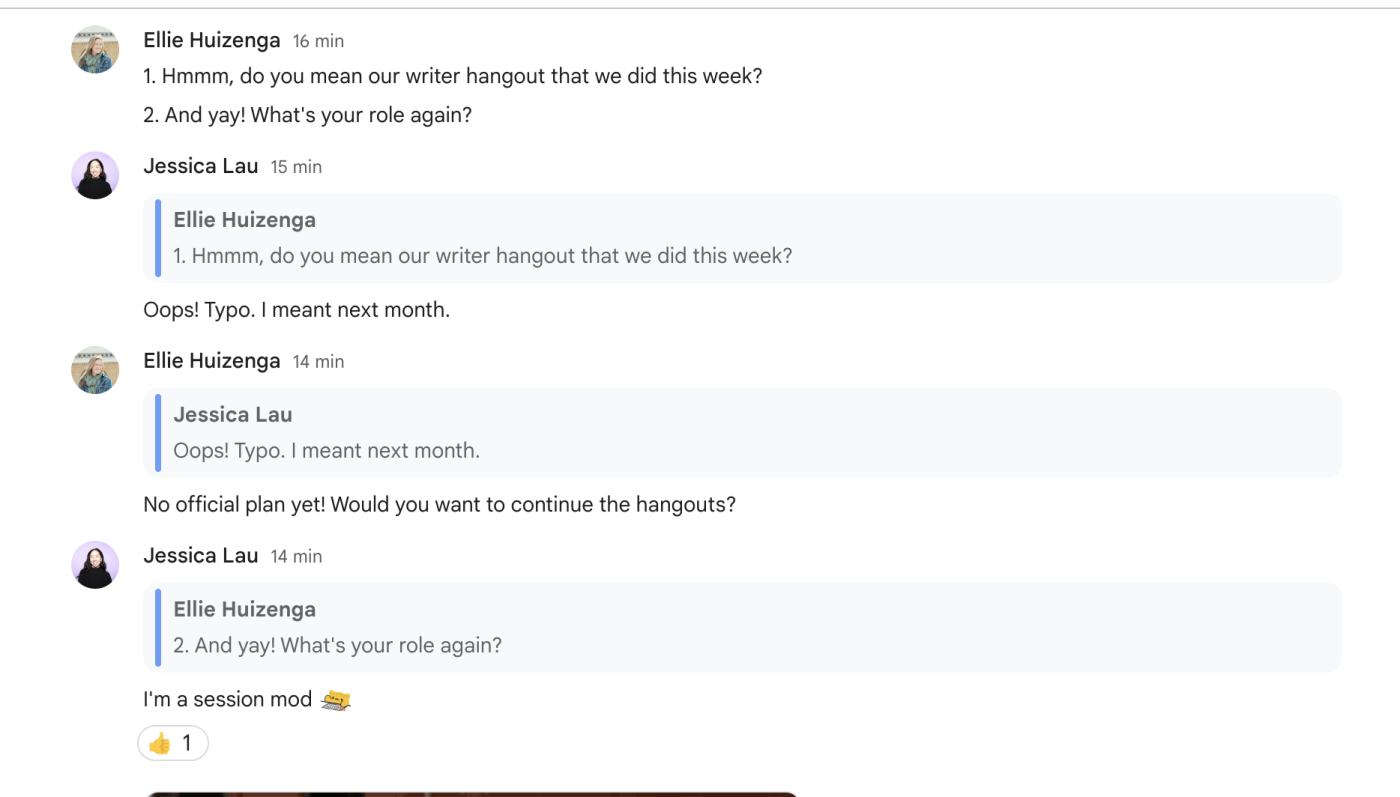 Example of Google Chat conversation with quoted messages in back-to-back replies.