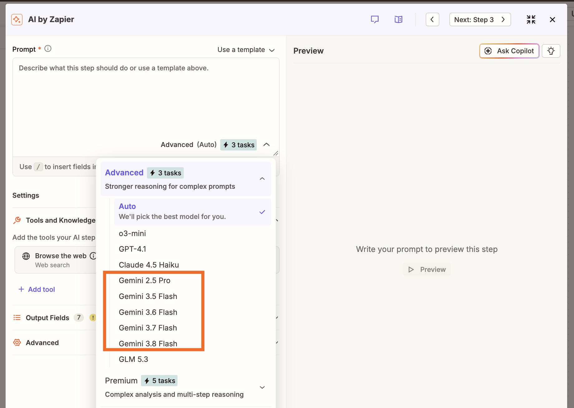The model picker in an AI by Zapier step, highlighting the available Gemini models
