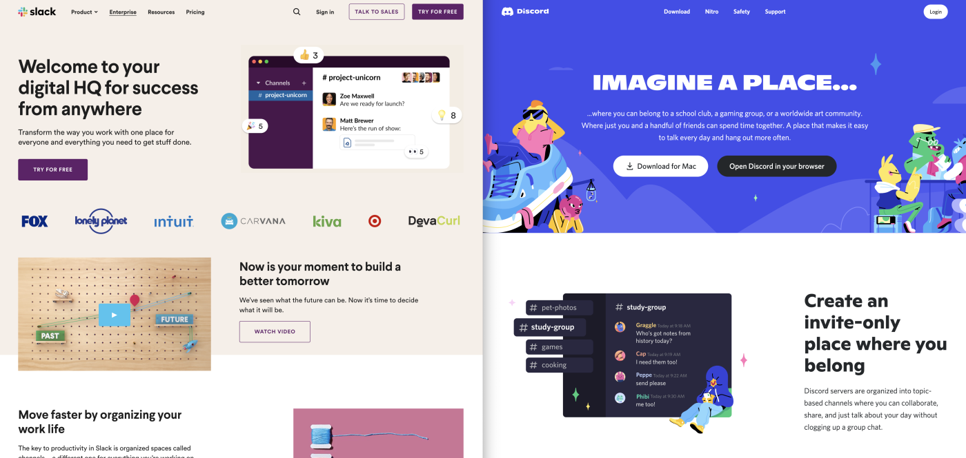 The Slack and Discord homepages