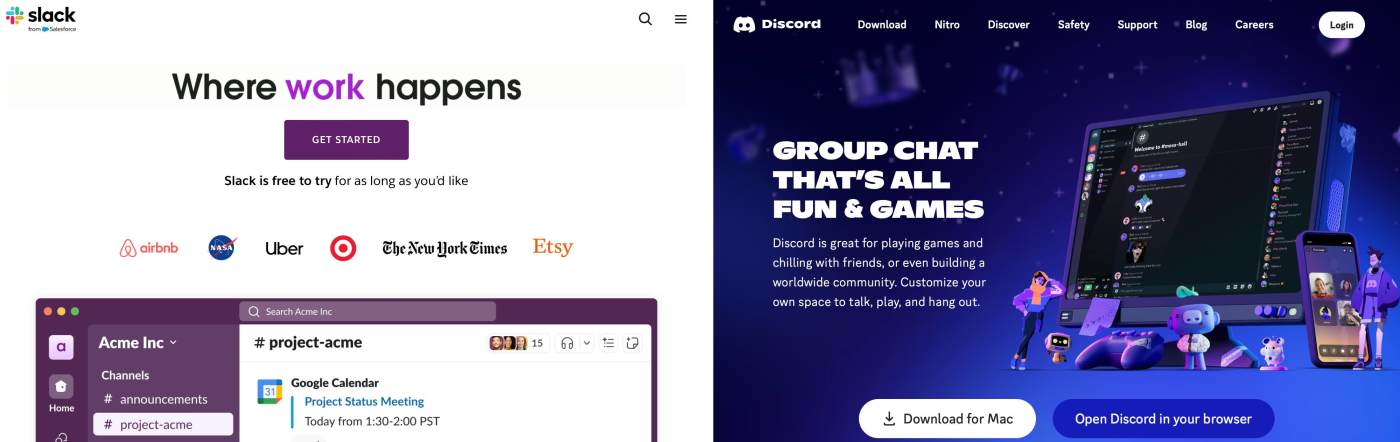 The Slack and Discord homepages