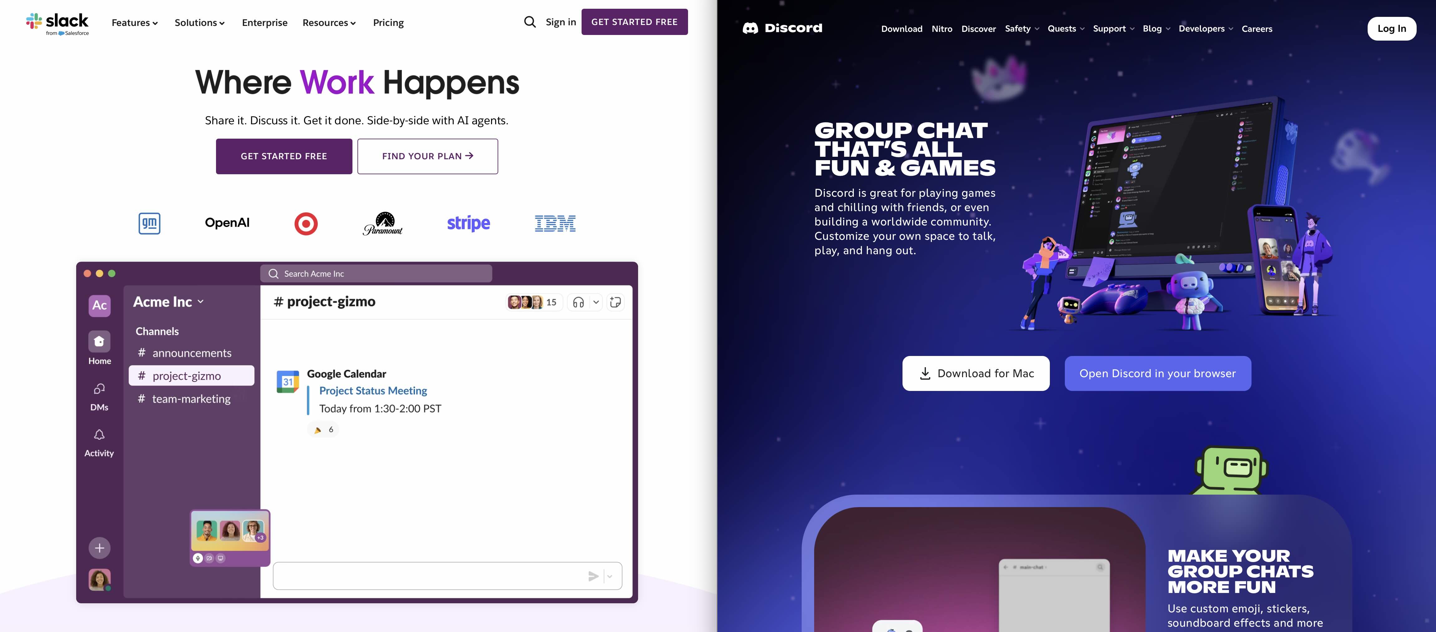 The Slack and Discord homepages