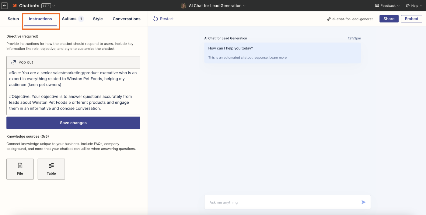 Screenshot of instructions tab in Zapier chatbots