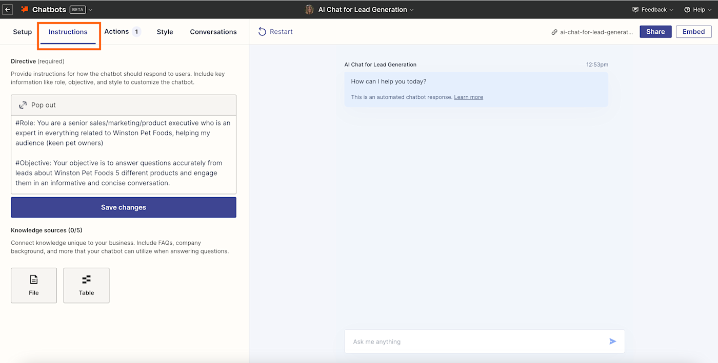 Screenshot of instructions tab in Zapier chatbots