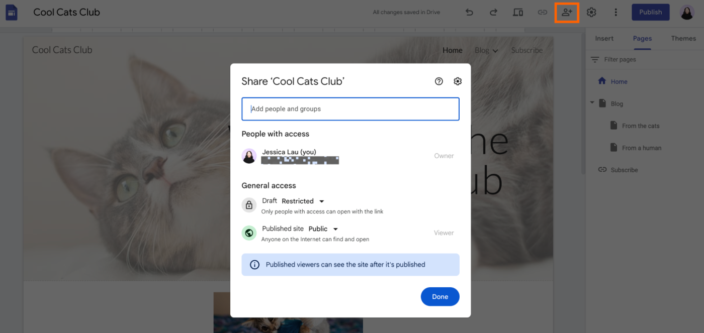 How to add collaborators in Google Sites.